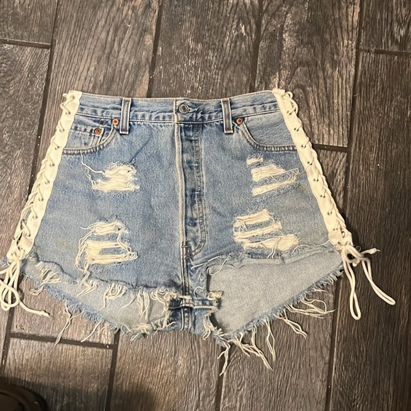 Furst Of A Kind Upcycled Vintage Lace Up High Waist Sasson Blue Denim Shorts - Picture 6 of 8
